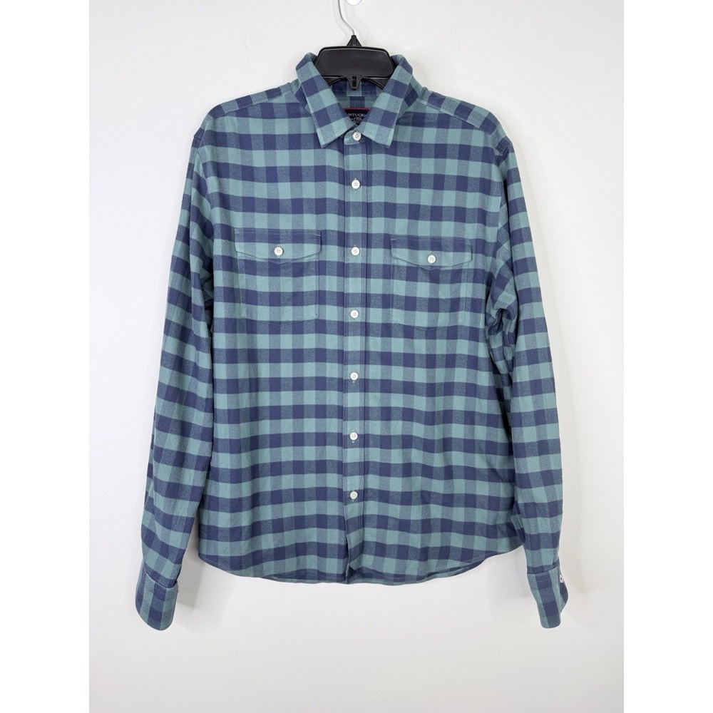 Untuckit Plaid Check Flannel Vigouroux Slim Fit Navy Teal Men's Sz. Large